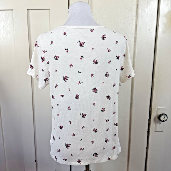 Old Navy Short Sleeve Notch Tee White Floral Ribbed Y2K 90s Aesthetic Babytee - Picture 4 of 7